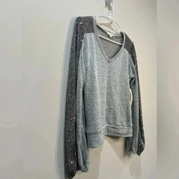 Another Reason Long Sleeve V Neck Shirt With Dark Gray Sequins Sleeve Size L - Picture 6 of 13